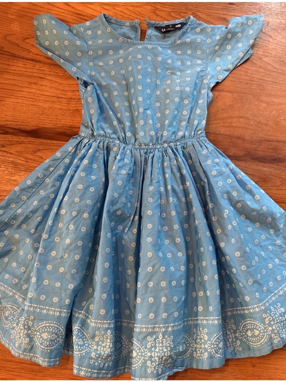 Lands' End Aqua Blue Floral Twirl Dress 100% Cotton Short Flutter Sleeve 6 EC